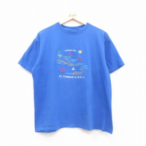 古着 半袖 ビンテージ Tシャツ メンズ 90年代 90s セントトーマス島 カリブ海 刺繍 コットン クルーネック 青 ブルー XLサイズ 中古 古着