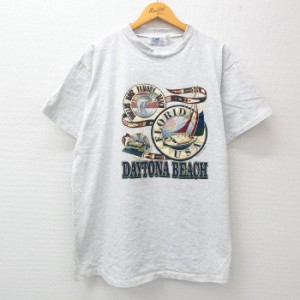 古着 半袖 ビンテージ Tシャツ メンズ 90年代 90s ヨット デイトナビーチ 大きいサイズ コットン クルーネック USA製 薄グレー 中古 古着