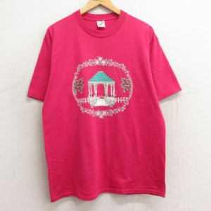 古着 ジャージーズ 半袖 ビンテージ Tシャツ メンズ 90年代 90s 花 バラ クルーネック USA製 濃ピンク Lサイズ 中古 中古 古着