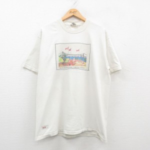 古着 半袖 ビンテージ Tシャツ メンズ 90年代 90s 橋 国旗 アート コットン クルーネック USA製 生成り XLサイズ 中古 中古 古着