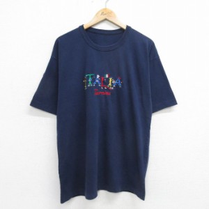 古着 半袖 ビンテージ Tシャツ メンズ 90年代 90s イタリア 刺繍 コットン クルーネック イタリア製 濃紺 ネイビー Lサイズ 中 中古 古着