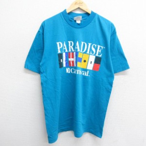 古着 半袖 ビンテージ Tシャツ メンズ 90年代 90s PARADISE 国旗 コットンクルーネック 水色 Lサイズ 中古 中古 古着