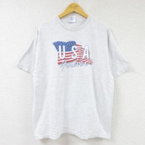 古着 半袖 ビンテージ Tシャツ メンズ 90年代 90s USAロゴ 星条旗 薄グレー 霜降り XLサイズ 中古 中古 古着
