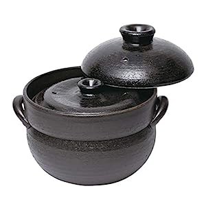 萬古焼 炊飯鍋 (中蓋付) 2合炊 黒釉 32-296(中古品)