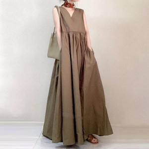 韓国ファッション3色 キャミワンピ ワンピース レディースVネック ノースリーブ ワンピース スカート マキシ丈 ワンピース ドレス
