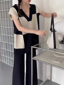 韓国ファッション セットアップ 夏 新作 ニットVネック カジュアル ワイドパンツ ゆったり 半袖 シンプル 上下セット アップ レディース 