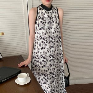 ワンピース女レトロ系リボン首掛け小スタンドカラー花スカートゆったりロング丈ノースリーブタンクトップワンピース女