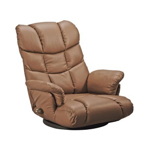 座椅子 幅64cm ブラウン 合皮 肘付き 13段リクライニング 360度回転 日本製 スーパーソフトレザー座椅子 神楽 完成品 リビング〔代引不可