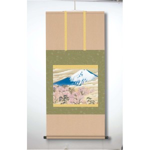 〔横山大観生誕150年〕富士図・富士絵画・高精彩特色技術絵 横山大観　霊峰富士掛軸(尺五)　冨士に桜図〔代引不可〕