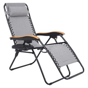 屋外対応 リラックスチェア/折りたたみ椅子 〔グレー 枕付〕 約幅80cm リクライニング式 肘付き サイドテーブル付 通気性抜群〔代引不可