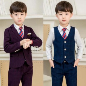 男の子スーツ モデルショー スーツ 子ども用スーツ 舞台衣装 お呼ばれ 長袖 4点 ジャケット+ベスト+パンツ+ネクタイ カジュアルスーツ 小