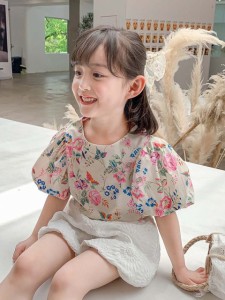 プリント パフスリーブ 半袖 ブラウス ボトムス バルーン ショートパンツ 女の子 子供服 キッズ 子供 こども 子ども KID 22 春 夏 1カラ