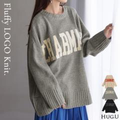 ニット ロゴ 刺繍 チュニック ロング トップス セーター オーバーサイズ 長袖 ドルマン ロゴニット オーバー リブ クルーネック ドロップ