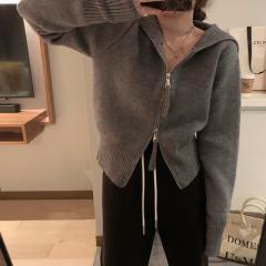 ニットカーディガン ショート丈 長袖 フード付き ファスナー かわいい シンプル カジュアル おしゃれ かっこいい 大人可愛い こなれ感 ラ