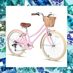 Glerc 女の子自転車 可愛い小中学生自転車 シティーサイクル ママチャリ レトロ おしゃれ 手編み藤カゴ付き SHIMANOシマノ6段変 Glerc 女の子自転車 可愛い小中学生自転車 シティーサイクル
