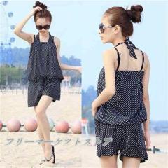 水着 泳ぎ レディース 4点セット ホルターネック 日焼け止め ドット柄