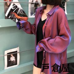 サテン ブラウス ロングシャツ レディース トップス 光沢 長袖