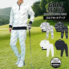 送料無料 ゴルフウェア メンズ 上下セットアップ GIORNO SEVEN ジョルノセブン ハーフジップトレーナー トップス ゴルフパンツ 総柄ロゴ 