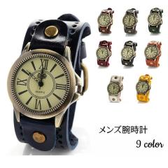 腕時計 リストウォッチ メンズウォッチ 男性 紳士用 レザー ラウンド型 ローマ数字 アラビア数字 アンティーク調 太ベルト 上