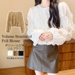 トップス シャツ ブラウス ボリューム立体フリルブラウス レディース フェミニンブラウス 透け感ブラウス 上品 きれいめ 春 秋 FREEサイ