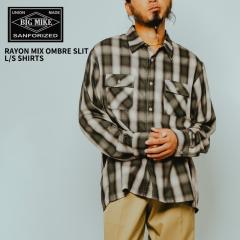�r�b�O�}�C�N �����Y �`�F�b�N�V���c BIG MIKE ���[���� �~�b�N�X �I���u�� �X���b�g �����O�X���[�u �V���c Rayon Mix Ombre Slit L/S S