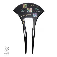 かんざし バチ型 和装 簪 髪飾り 黒 ブラック 蝶 螺鈿 貝 かんざし