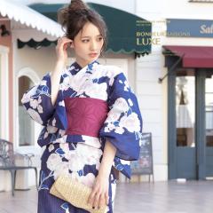 浴衣セット レディース レトロ 浴衣セット 大人 3点セット 紺系 ネイビー 紫系 椿 つばき 雪輪 金魚 綿 ラメ 半幅帯 女性 ボヌールセゾン 浴衣セット レディース レトロ 浴衣セット 大人 3点セット 紺系