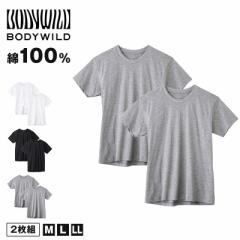 グンゼ クルーネック tシャツ ボディワイルド 綿100 2枚組 M L LL 丸首 肌着 下着 無地 インナー 2枚セット gunze bodywild 白 黒 灰 プ