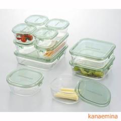 耐熱ガラス食品保存容器 蓋 フタ付き デラックス11点セット グリーンの