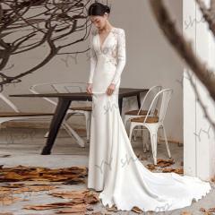 最新作 高級サテン レース ウェディングドレス トレーン ロングドレス ワンピ Vネック バックレス 長袖 白 結婚式 舞台 撮影 発表会 H030 最新作 高級サテン レース ウェディングドレス トレーン ロングドレス