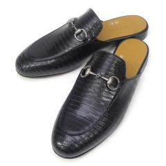 GUCCI ブラックレザーミュール グッチ GUCCI ホースビット レザー スリッパ イニシャル入り リザード