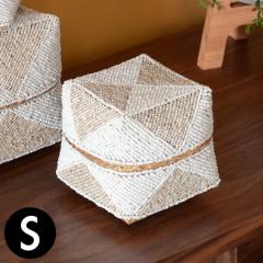 収納ケース 収納ボックス ビーズ製 蓋つき ダイヤ柄 約13×13cm 白×ベージュ アジア雑貨 バリ雑貨 アジアン リゾート おしゃれ