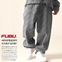【ラスト1点】FUBU デニム ジーンズ メンズ 春夏秋冬用 黒 大きいサイズ フブ ジーパン Gパン ゆったり 太め バギー パンツ 派手 総柄 紐