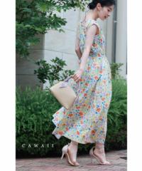 再入荷8月5日 優しいタッチで描く花畑ミディアムワンピース ワンピース ノースリーブ レディース ファッション 春服 夏服 着回し  cawaii