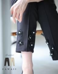 新作4月19日 チュールの花が裾に咲くウエストゴムテーパードパンツ cawaii fcm00013od S~M対応 春 夏 ブラック アイボリー ヘビロテ 会社