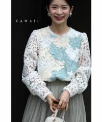 母の日 新作 カットソー レース 花柄 花 刺繍 プルオーバー 長袖 袖レース ボリューム袖 Uネック 春 夏 S~M w54528 cawaii ぽわん袖 ゆっ