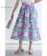 再入荷4月4日 甘美なロマンティックフラワータックミディアムスカート wkg00502 cawaii 花柄 スカート 膝下丈 ミモレ丈 ゴム Aライン フ