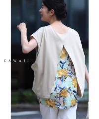 再入荷7月5日 （S~3L対応）スリットから覗く花柄の重ね着風プルオーバートップス wkg00523 cawaii プルオーバー カットソー 半袖 オーバ