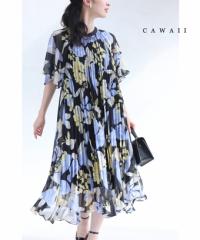 （S~3L対応）（黒）首元から広がるプリーツのシアーな花柄ミディアムワンピース wkg00573 cawaii 花柄 ワンピース 膝下丈 春夏 ワンピー