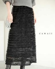 【BIGSALE】 （黒）ふわふわフリルラインのロングスカート cawaii fzp00188od S~L対応 秋服 冬服 前ボタン 総レース 着回し 立体感 エレ