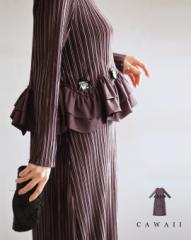新作12月28日 ビジューの花が煌めくなみなみフリルの艶プリーツミディアムワンピース cawaii w61001ps S~2L対応 秋 冬 バイオレット パー