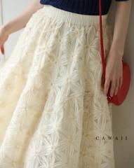 再入荷5月19日 リボンの花咲くベールミディアムスカート cawaii w61111ps S~3L対応 アイボリー ひざ下 フレア 立体花 オーガンジー 春 夏
