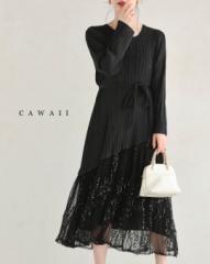 新作2月13日 （黒）華やかなスパンコール煌めく切り替えプリーツワンピース（リボン付き） cawaii w61148ps S~3L対応 長袖 装飾 ブラック