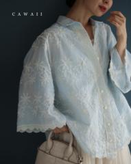 新作4月18日 淡いブルーの白花刺繍シャツトップス cawaii w61176ps S~3L対応 春 夏 UV対策 冷房対策 軽量 爽やか ライトブルー 2way 羽織