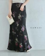 新作5月19日 （黒）玉虫のように輝く花のアジアンロングスカート cawaii w61218ps S~L対応 ウエストゴム 光沢感 総柄 ブラック オシャレ 