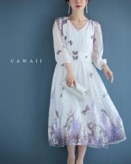 新作4月22日 花舞い蝶々のふんわりミディアムワンピース cawaii w61220ps S~M対応 ホワイト 半端袖７分袖 八分袖 Vネック 軽量 爽やか 清