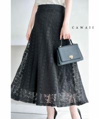 再入荷2月4日 黒 流れるように小花レース揺らめくフレアスカート cawaii wkj00083 S~M対応 後ろゴム 透かし編み 総レース ブラック オシ