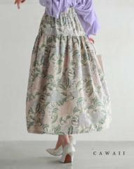 再入荷2月9日 舞うような淡色花の切り替えミディアムスカート cawaii wkj00086 S~L対応 涼しい 春 秋 夏 カーキ 柄 総柄 花 体型カバー 