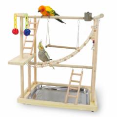 【高さ約54.5cm】インコ 遊び場 2層 バード アスレチック 玩具 スタンド 止まり木 はしご 食器 水器 鳥 巣 カゴ 遊園地 秋千 ラダー ベル
