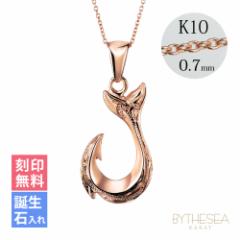 ハワイアンジュエリー ネックレス レディース フィッシュフック 釣り針 ピンクゴールド 刻印無料 名入れ無料 誕生石 K14 14金 K10あずき